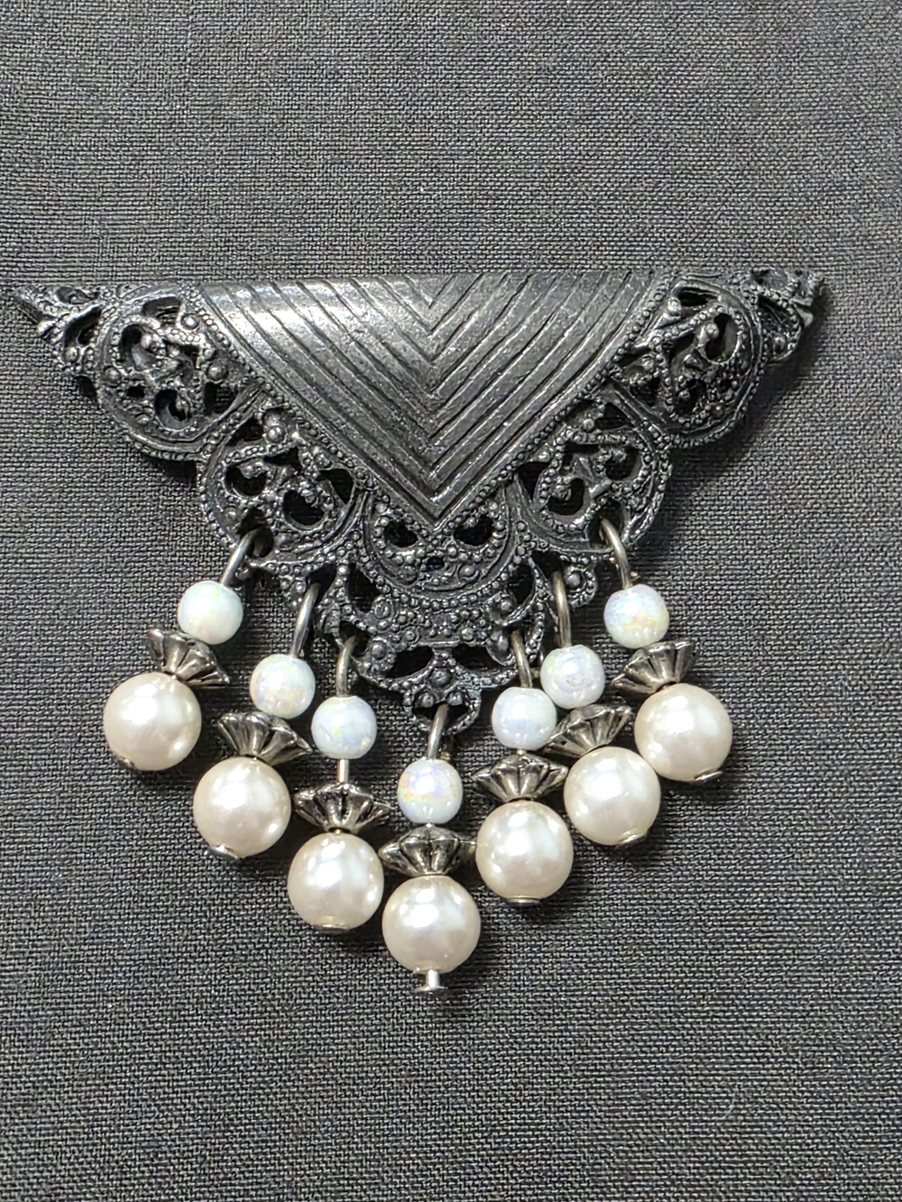 Estate - Silver-Tone Vintage - Filigree Brooch Cream Pearl Drops - 541